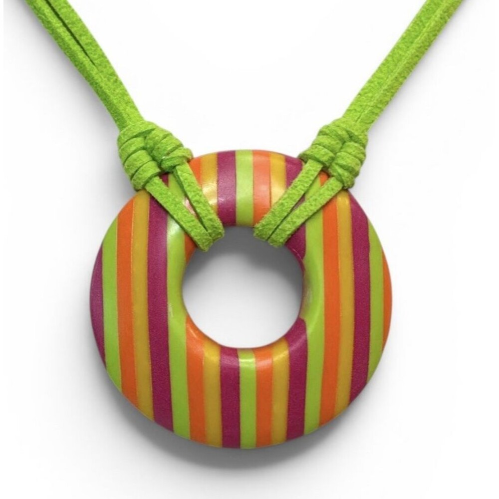 Handmade Rainbow Striped Large Round Polymer Clay Large Pendant Necklace on Cord